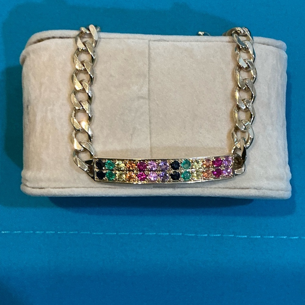 STUNNING SYDNEY EVAN RAINBOW GEMSTONE 14K GOLD ID BAR BRACELET